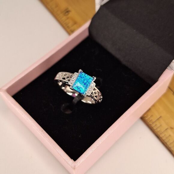 blue opal emerald cut ring size 10 - Picture 3 of 6